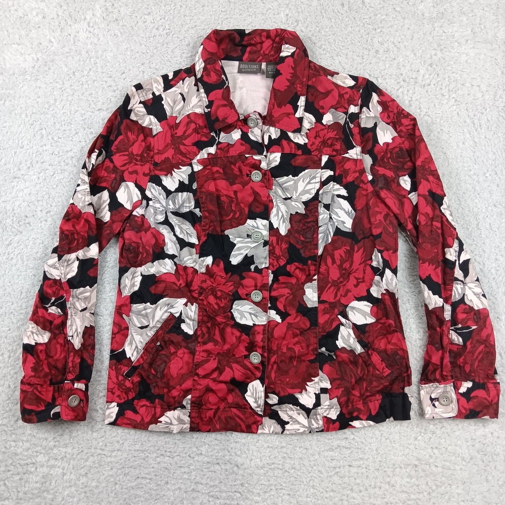 Chico's Additions Jacket Womens Size 2 Large Red Black Floral Rose Button Down